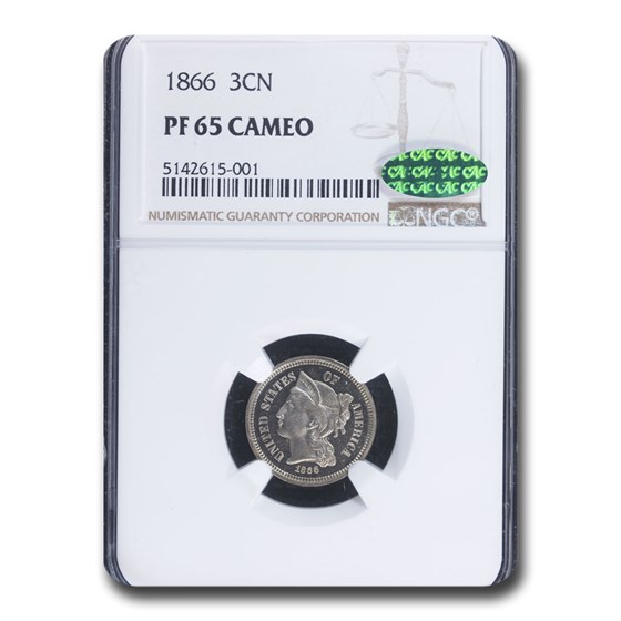 1866 Three Cent Nickel PF-65 Cameo NGC CAC 1866 Three Cent Nickel PF-65 Cameo NGC CAC